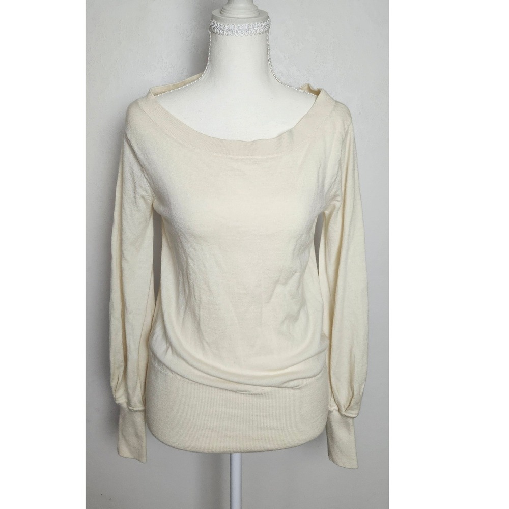 Moda International Merino Wool Balloon Sleeve Sweater Cream Ivory Large